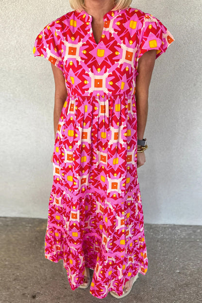 Vibrant strawberry pink geo print maxi dress with V-neckline