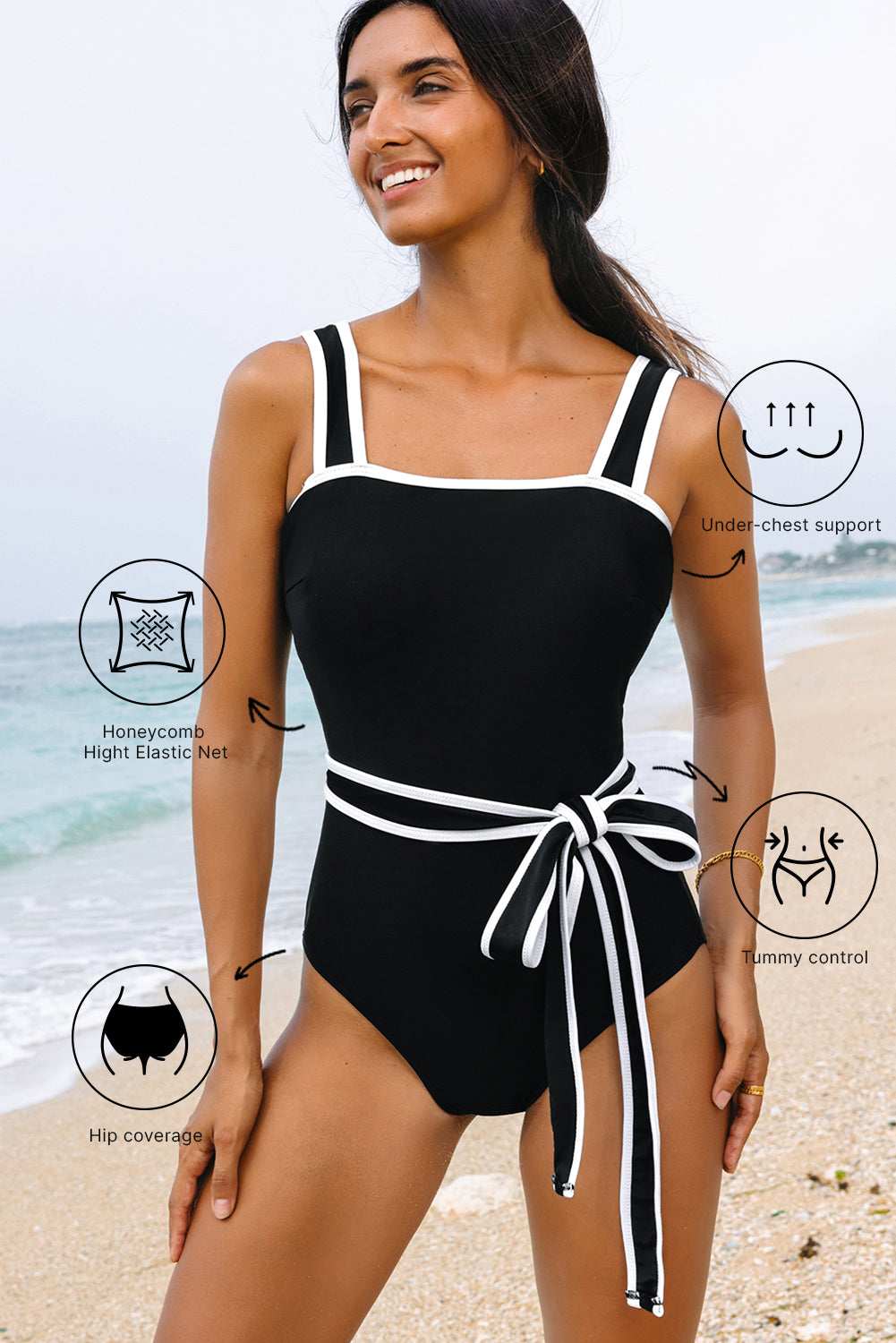 Sleek Black Colorblock Belted One-Piece Swimsuit