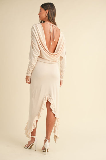 Backless asymmetrical ruffle hem maxi dress