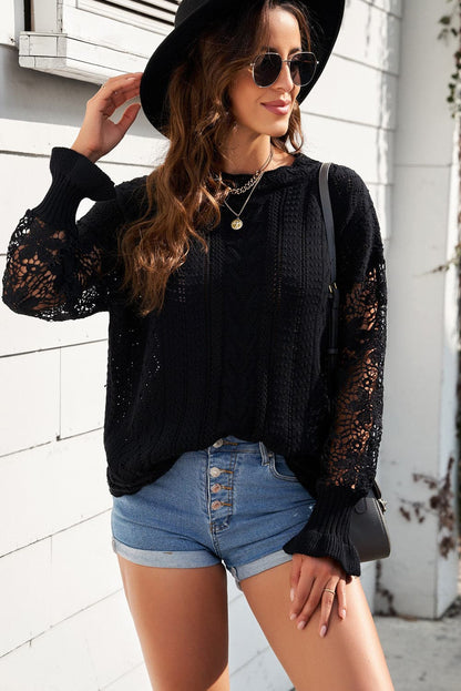 Openwork Lantern Sleeve Dropped Shoulder Sweater.