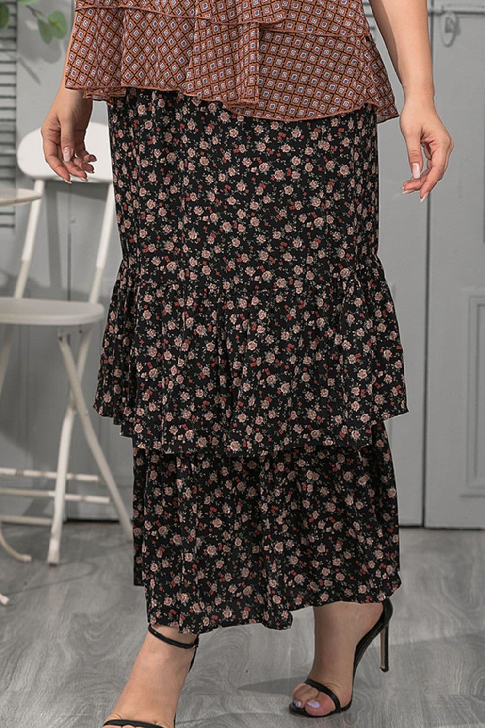 Plus Size Ditsy Floral Layered Maxi Skirt.