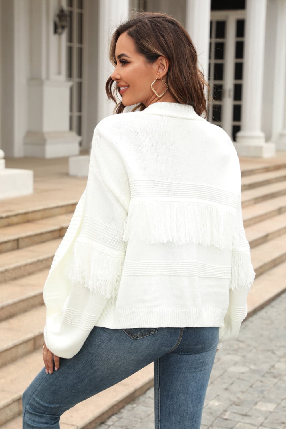 Fringe Trim Open Front Cardigan.