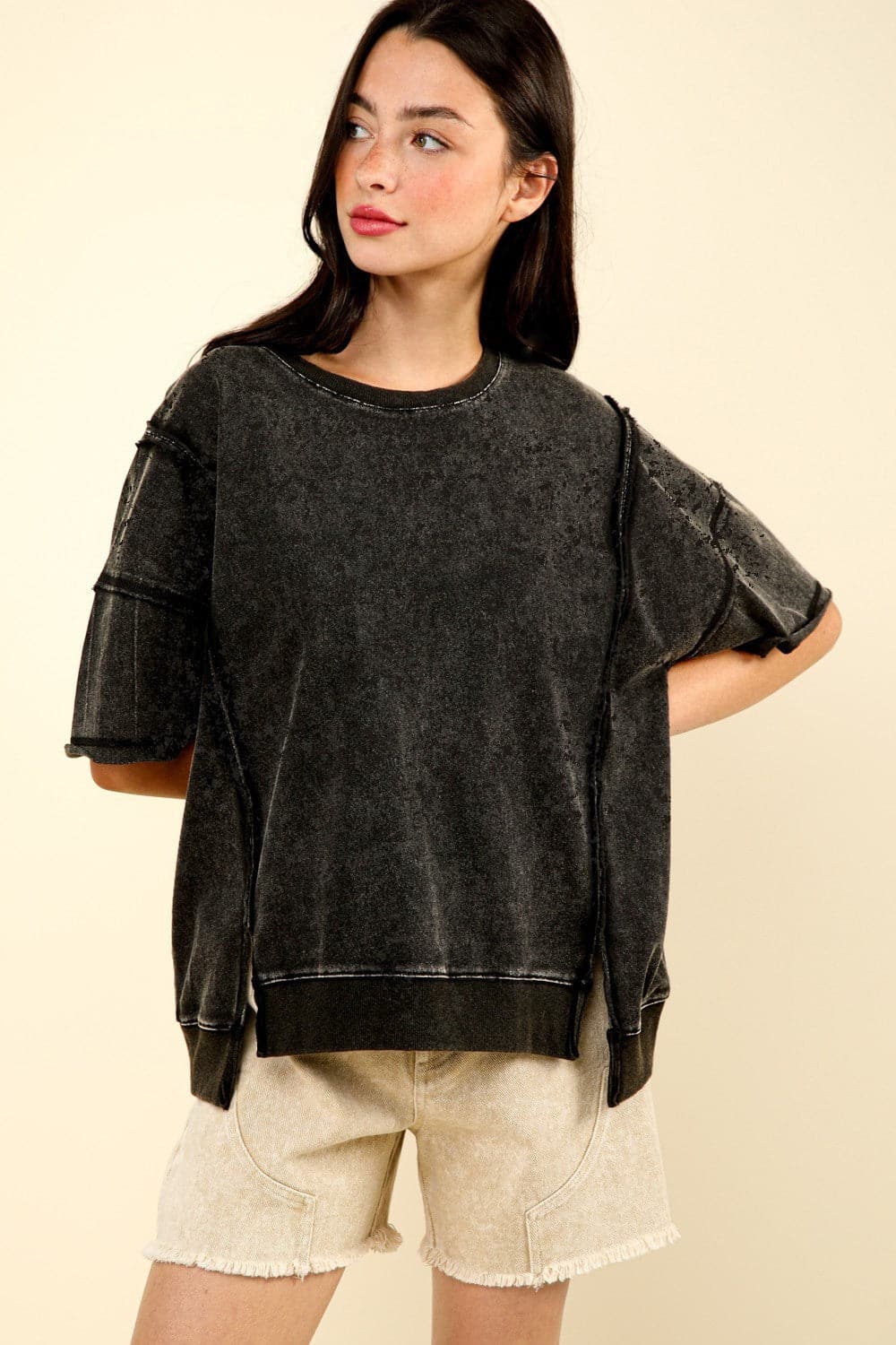 VERY J Round Neck Exposed Seam Slit T-Shirt.