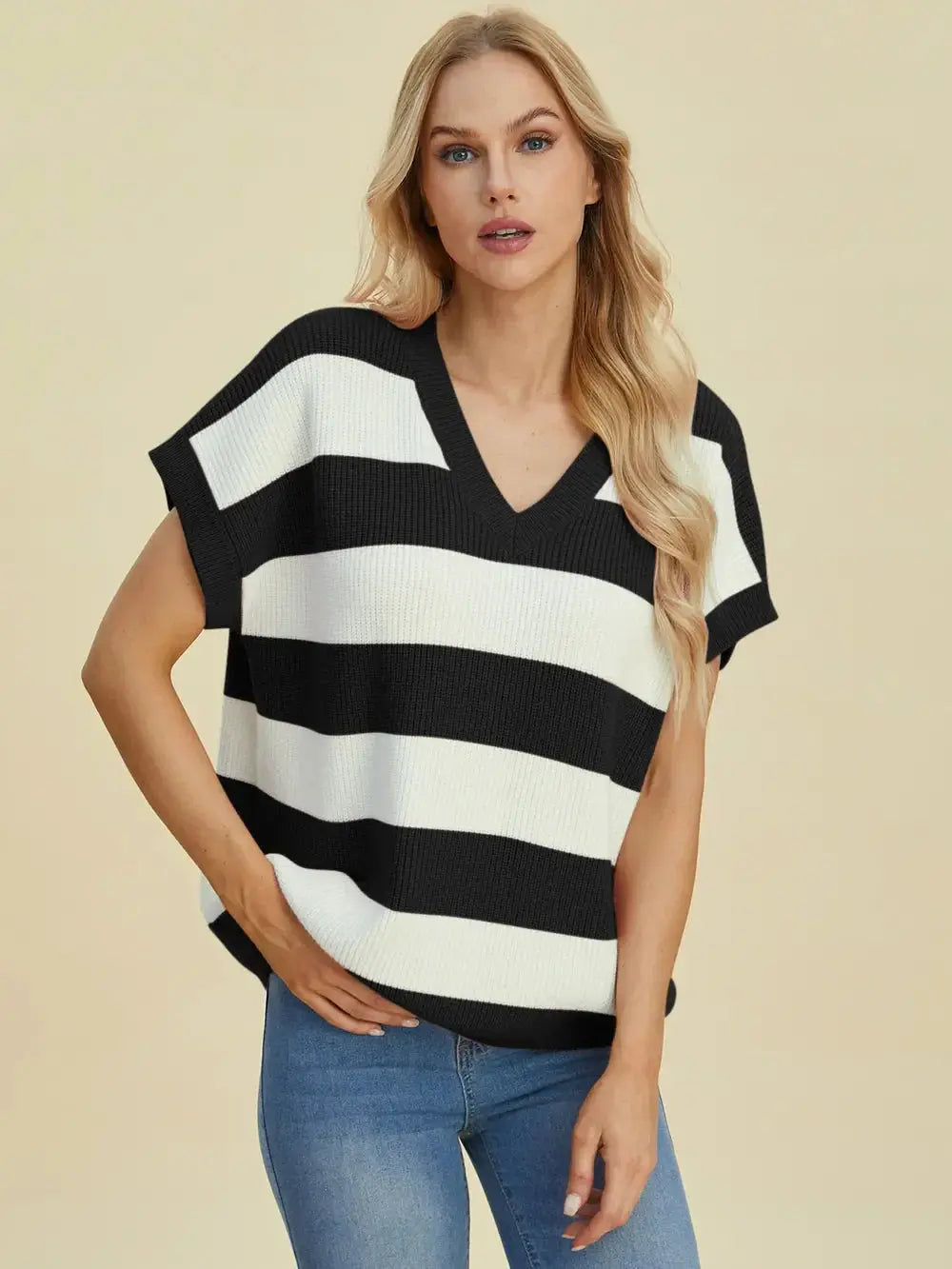 Double Take: Striped V-Neck Sweater - Love Salve
