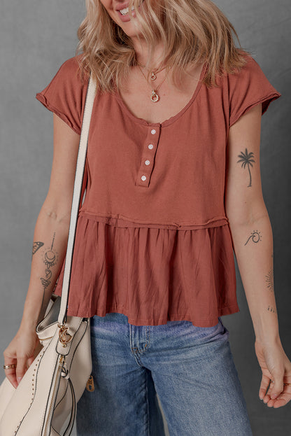 Chestnut Short Sleeve U Neck Buttons Splicing Ruffle Blouse