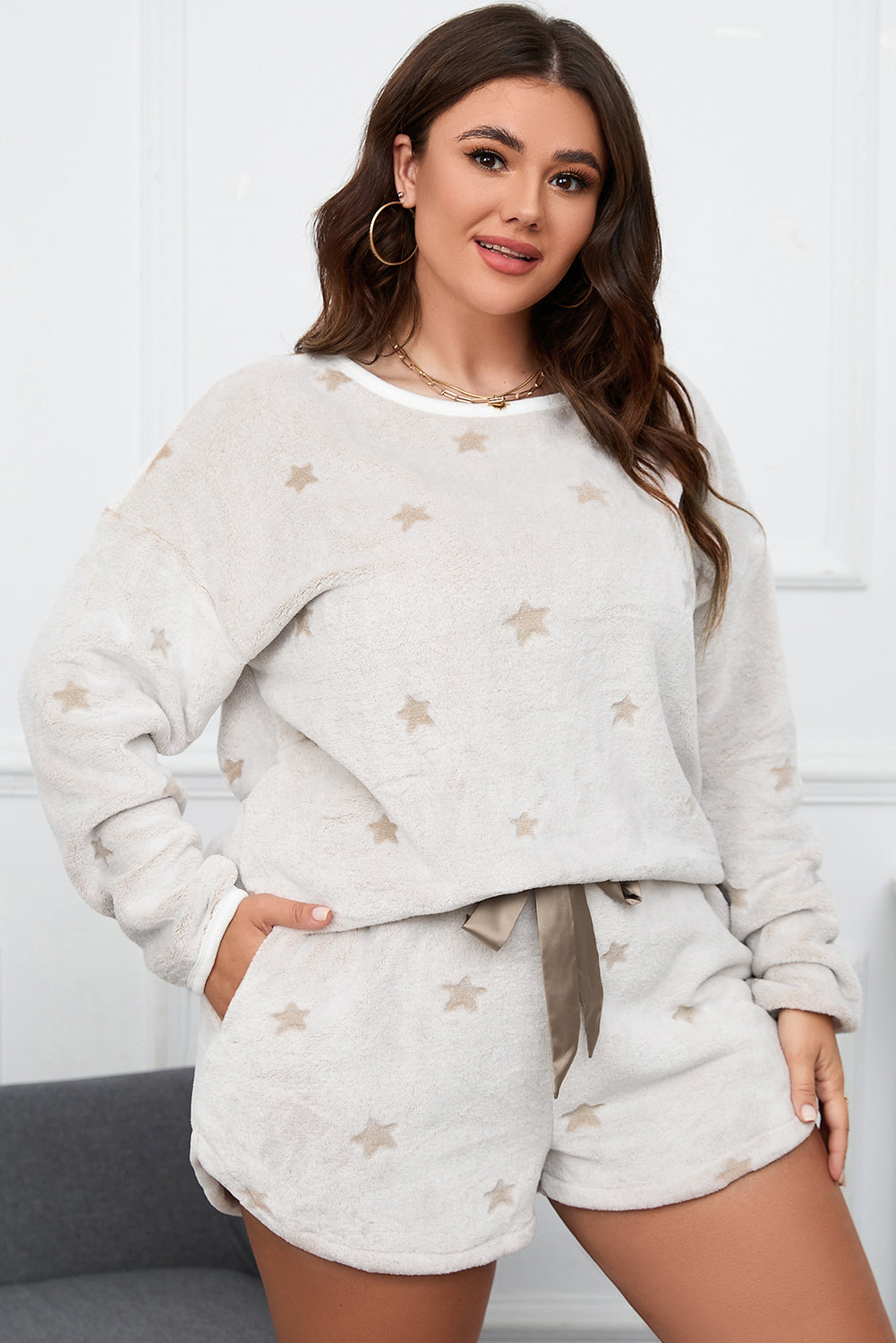 Cozy white plus size star print loungewear set