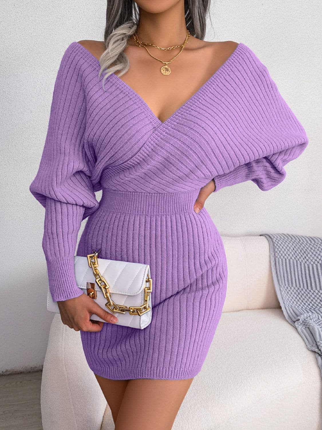 Rib-Knit Dolman Sleeve Sweater Dress.