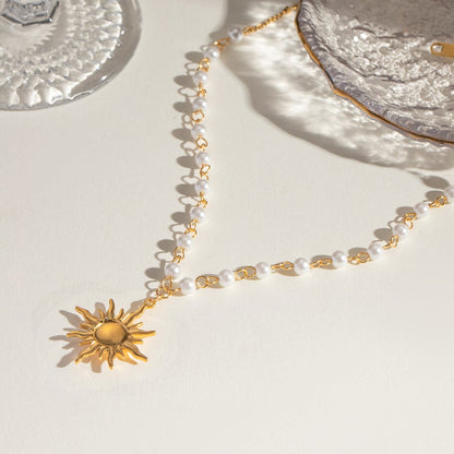 Elegant 18K gold-plated pearl sun pendant necklace