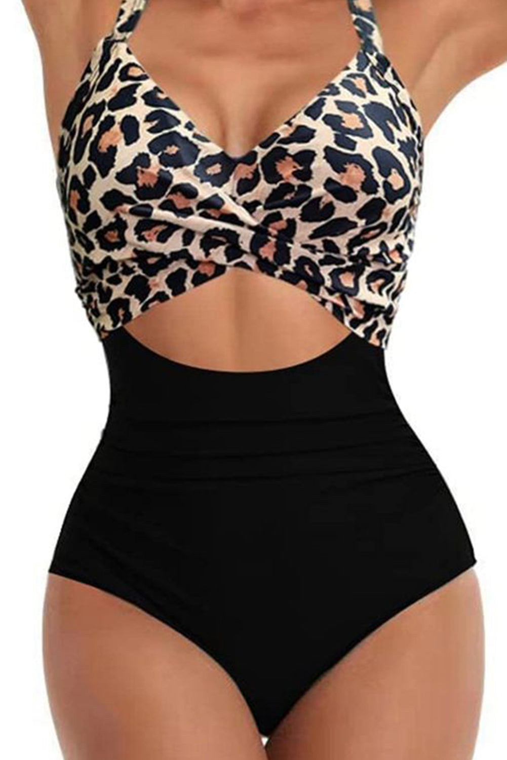 Elegant black leopard backless monokini with cutout design