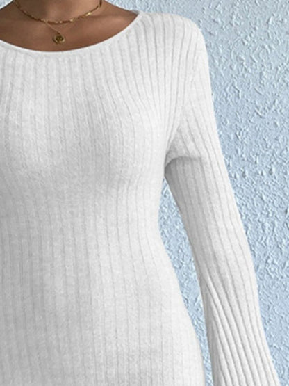 Backless Round Neck Long Sleeve Sweater Dress.