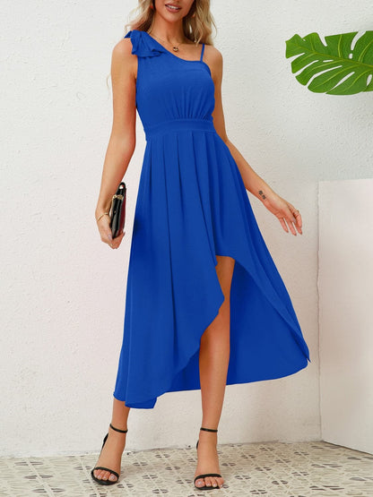 Bow Asymmetrical Neck Sleeveless Dress.