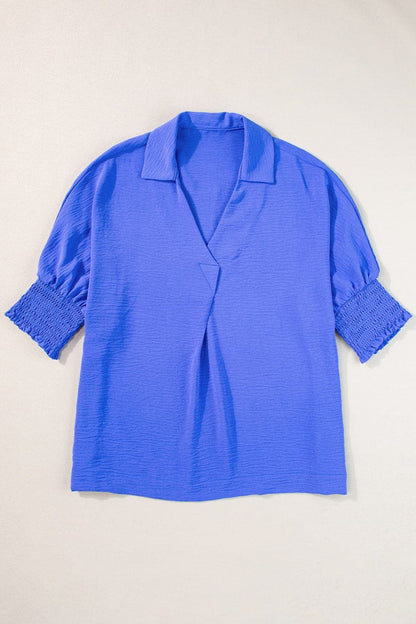 Smocked Johnny Collar Half Sleeve Blouse.