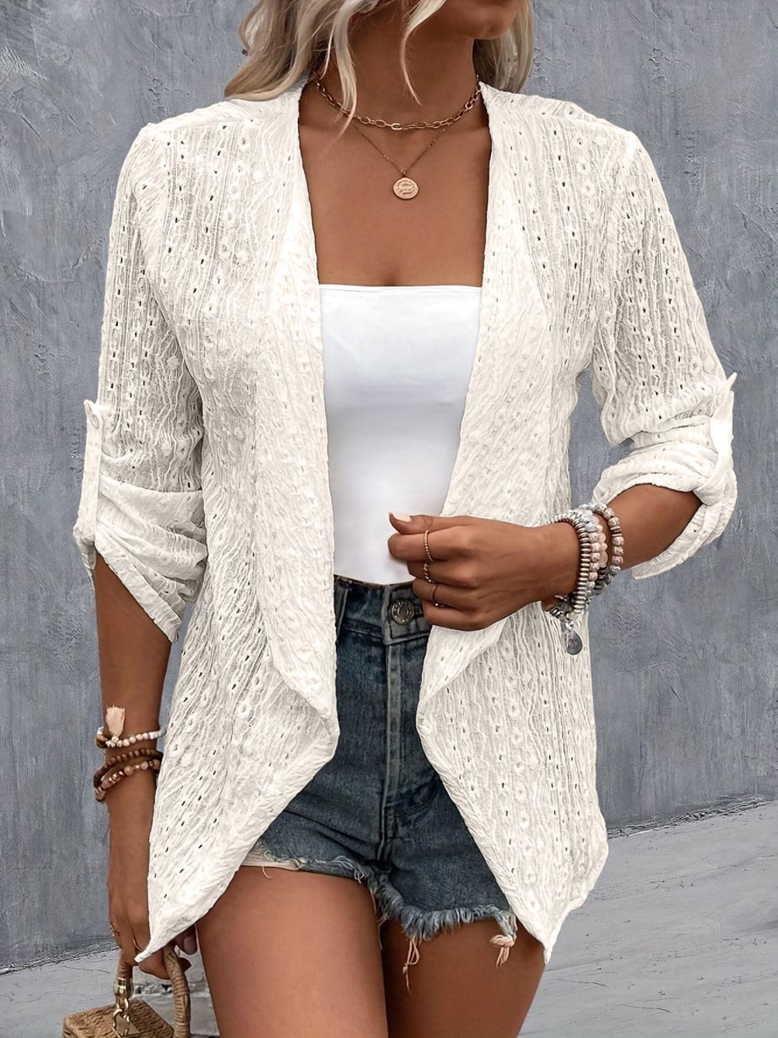 Eyelet Roll-Tab Sleeve Cardigan.