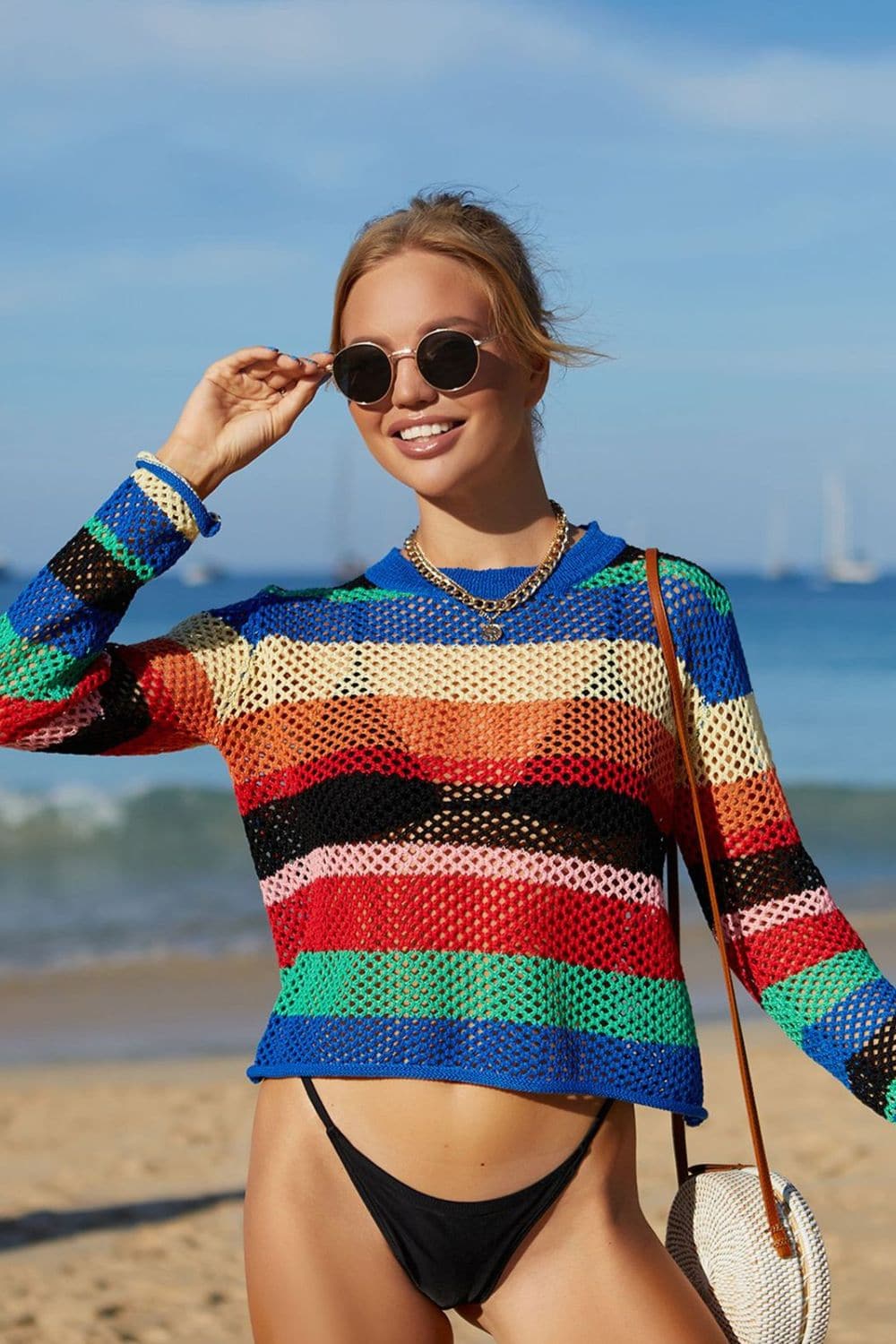 Rainbow Stripe Openwork Long Sleeve Cover-Up.