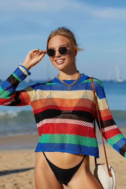 Rainbow Stripe Openwork Long Sleeve Cover-Up.