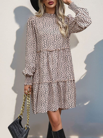 Frill Printed Mock Neck Long Sleeve Mini Dress.