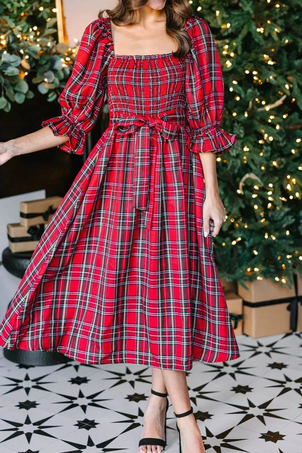 Red Plaid Smocked Midi Dress With Belted Waist And Ruffled Flounce Sleeves Simply Love
