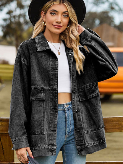 Dropped Shoulder Denim Jacket with Pockets.