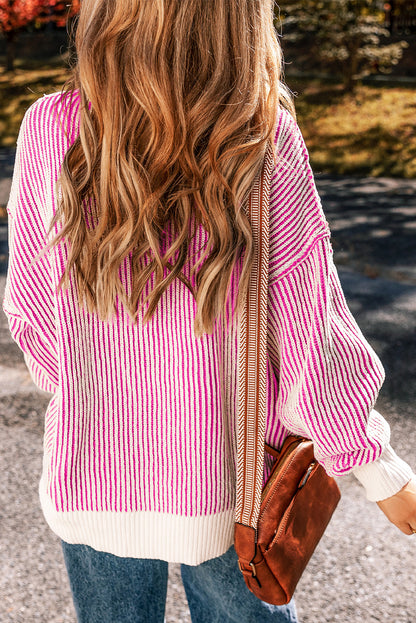 Chic bright pink striped loose-fit sweater with textured knit and contrast edges