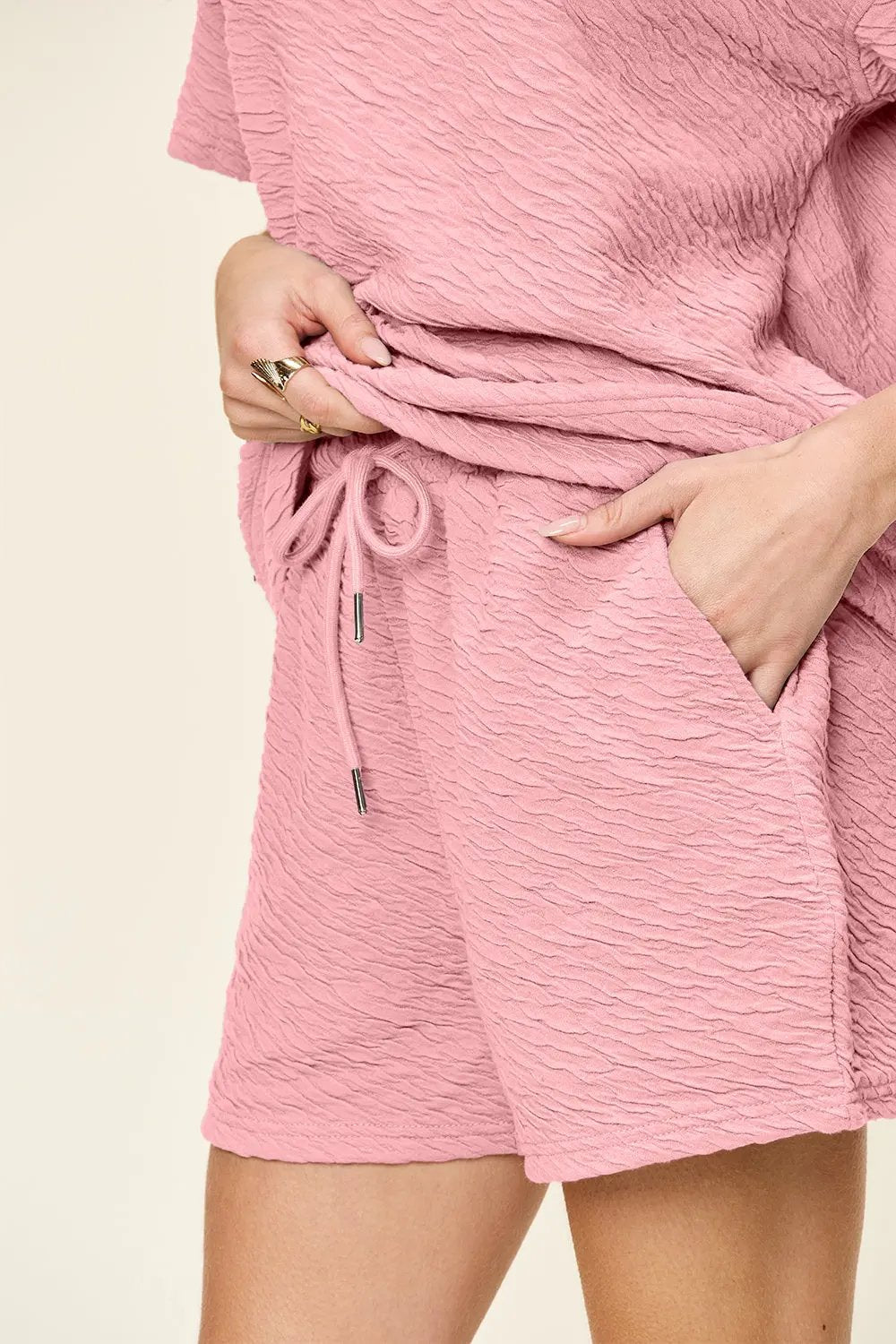 Double Take Full Size Texture Short Sleeve T-Shirt and Drawstring Shorts Set - Love Salve