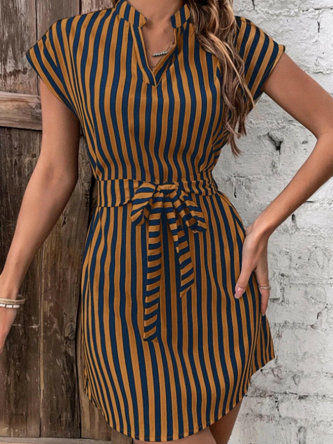 Tied Striped Cap Sleeve Mini Dress.