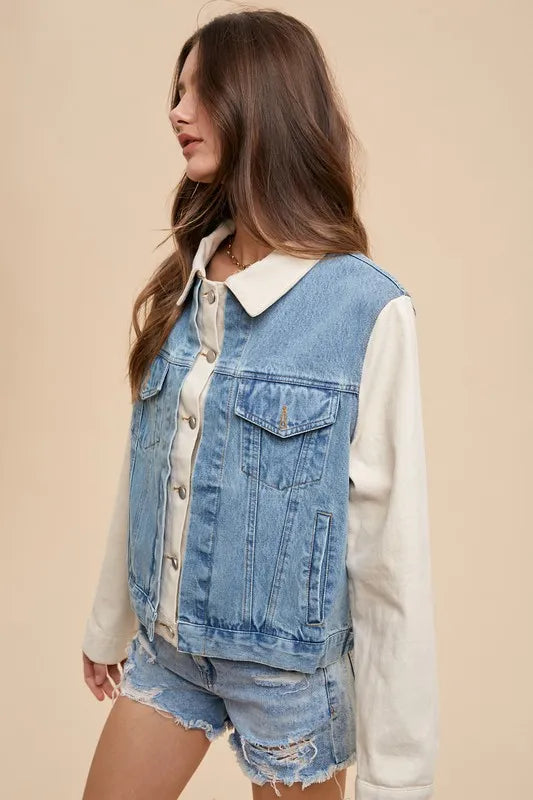 Annie Wear Collared Neck Double Placket Denim Jacket - Love Salve 