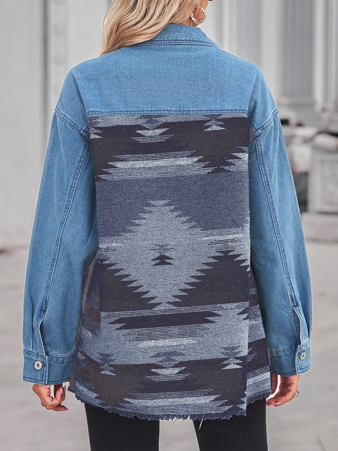 Geometric Raw Hem Button Up Denim Jacket.