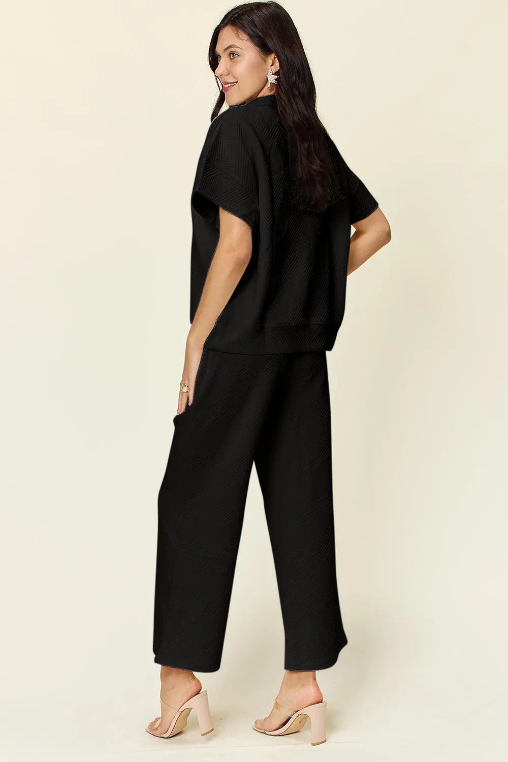 Double Take Full Size Texture Half Zip Short Sleeve Top and Pants Set - Love Salve