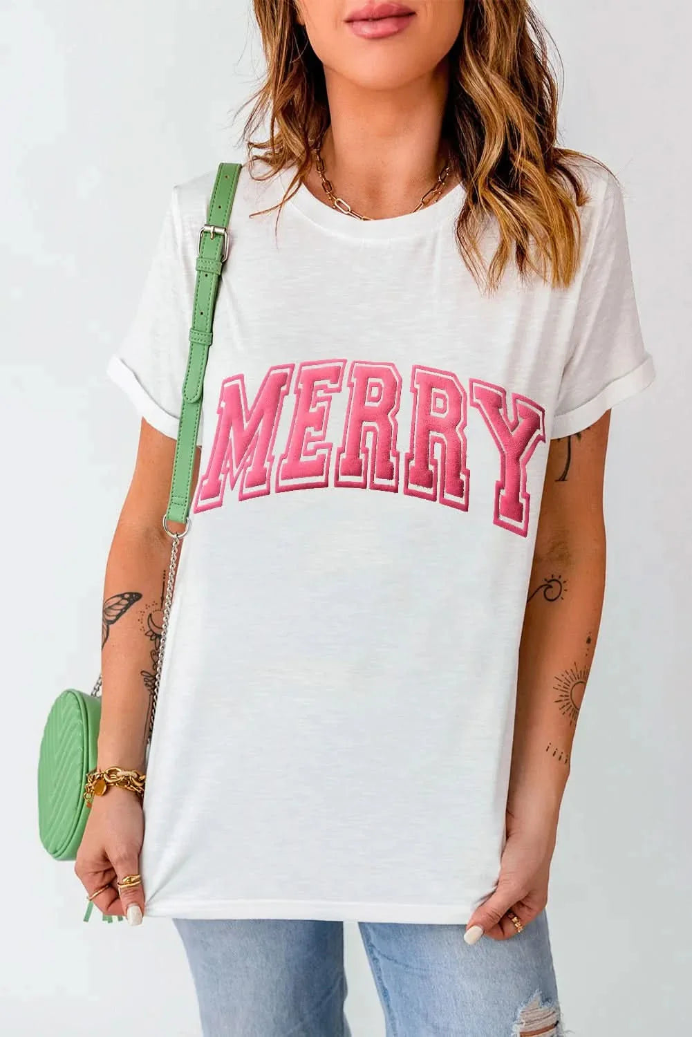 MERRY Round Neck Short Sleeve T-Shirt in white with pink lettering.