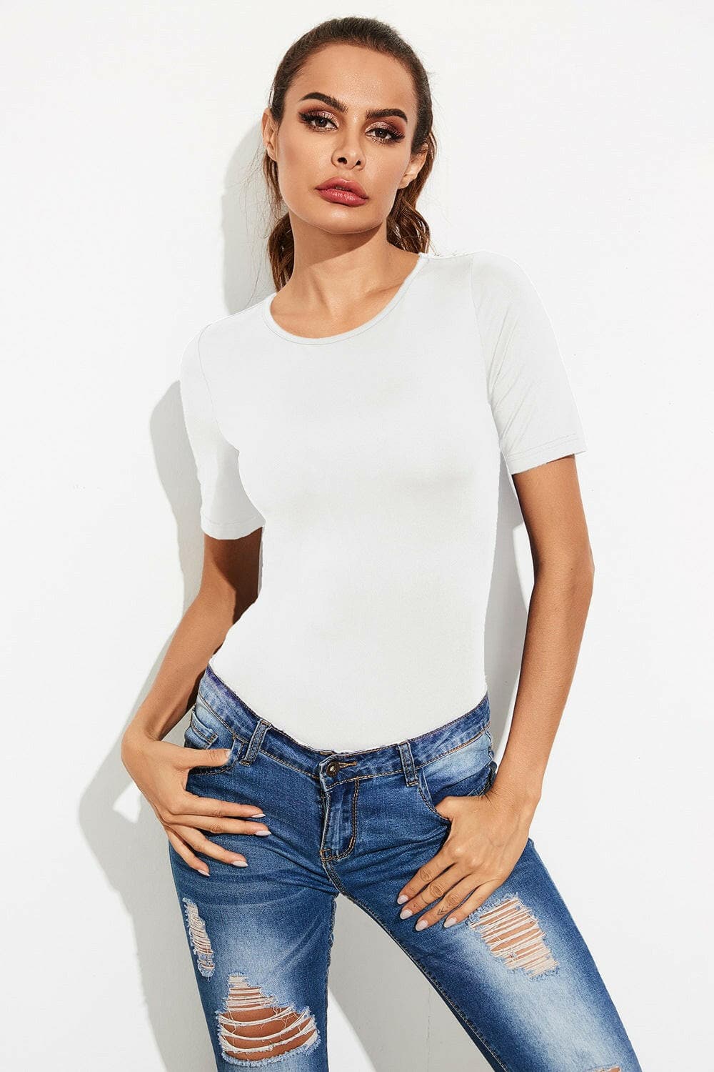 Round Neck Short Sleeve Bodysuit.