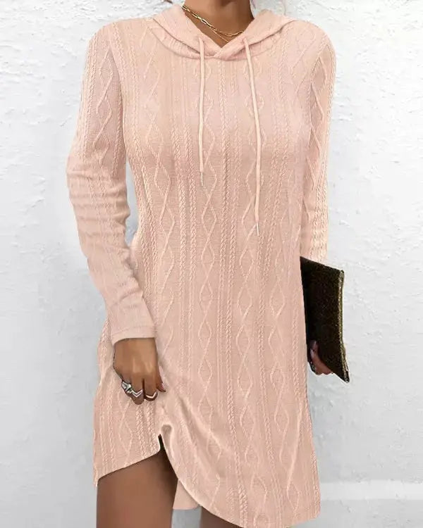 Casual Long Sleeve Hooded Cable Knit Dress With Drawstring Slit Simply Love
