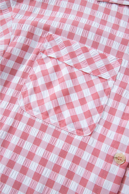 Chic pink gingham collared shirt with functional chest pockets