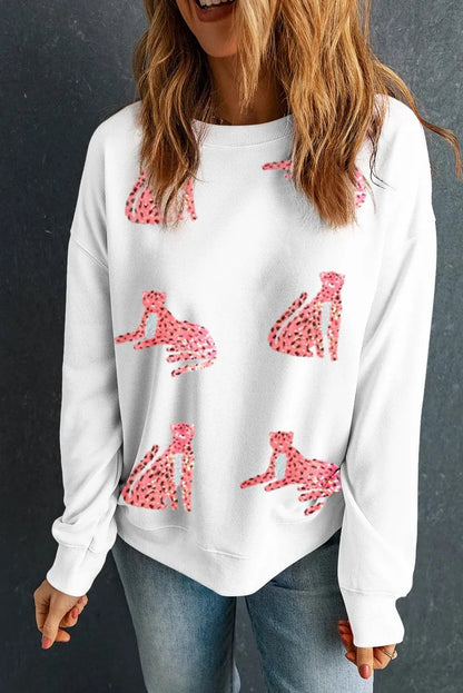 Leopard Round Neck Long Sleeve Sweatshirt.