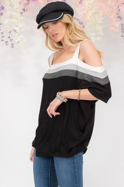 Celeste Full Size Striped Cold Shoulder Top.