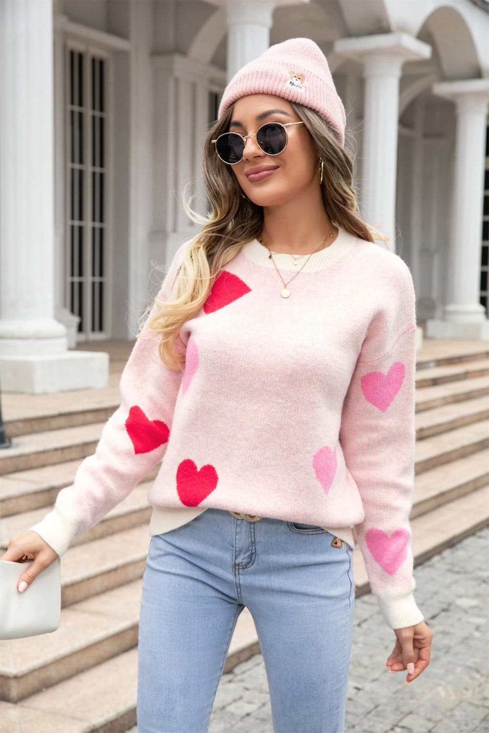 Heart Round Neck Droppped Shoulder Sweater.