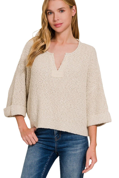 Zenana Notched Side Slit Patch Sweater.