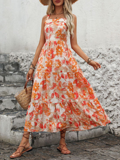 Crisscross Printed Square Neck Midi Dress.