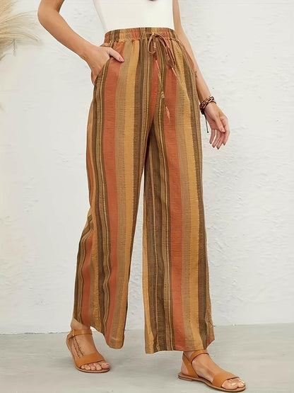 Full Size Drawstring Striped Wide Leg Pants.