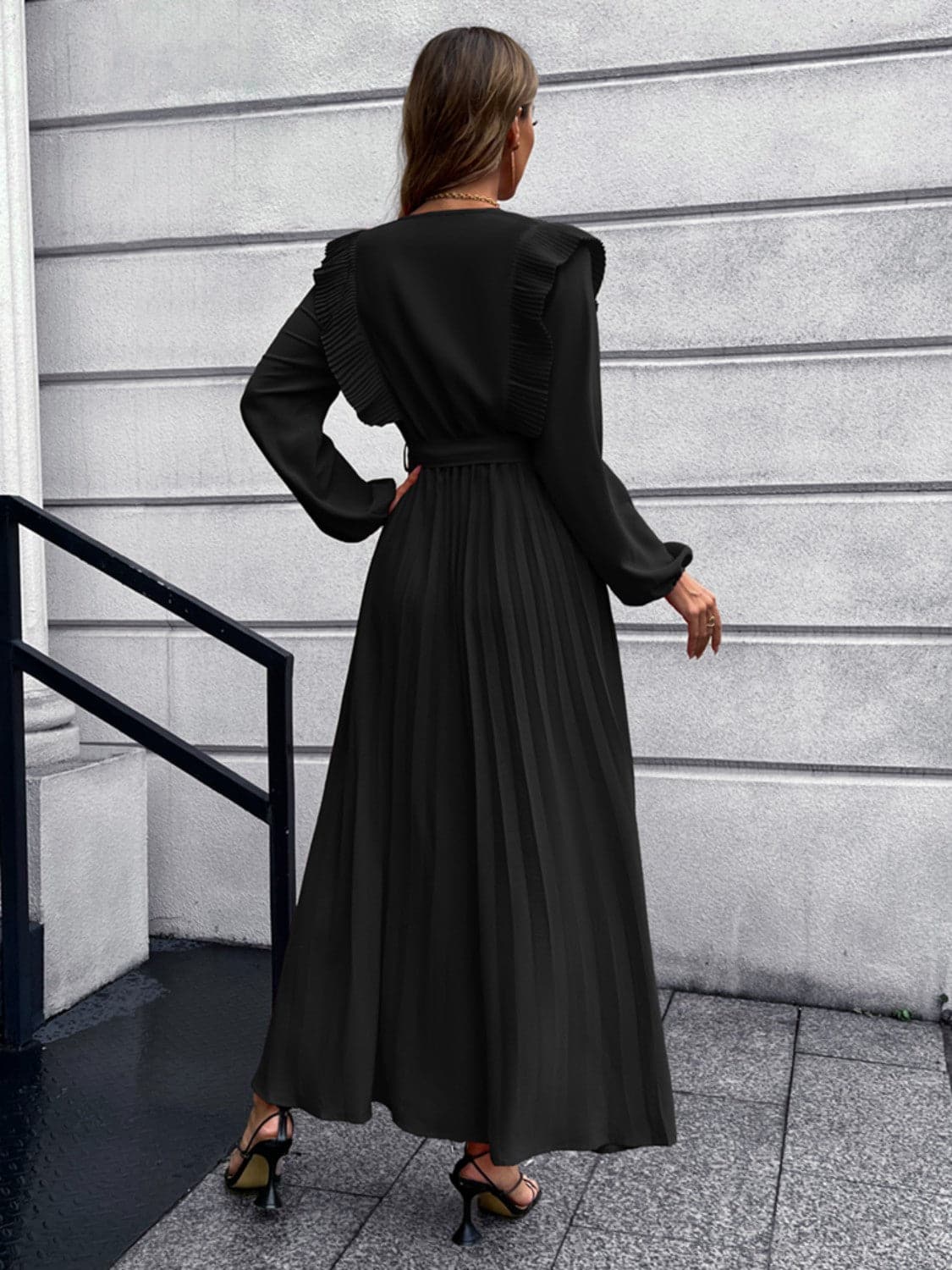 Pleated Surplice Tie Waist Maxi Dress.