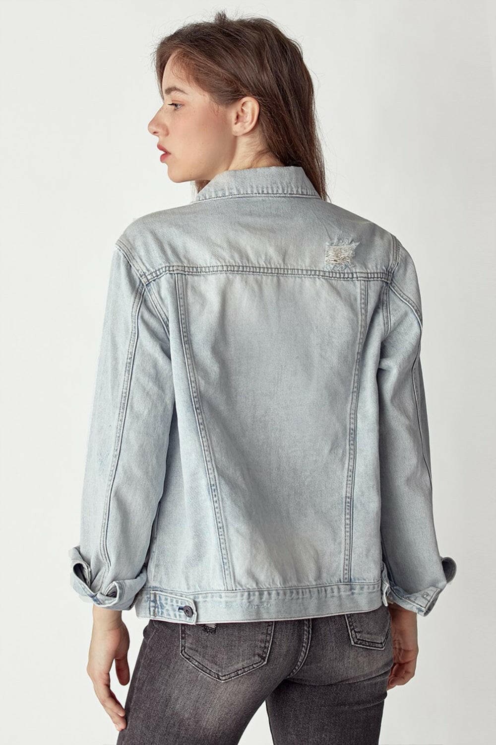 RISEN Distressed Button Up Jacket.