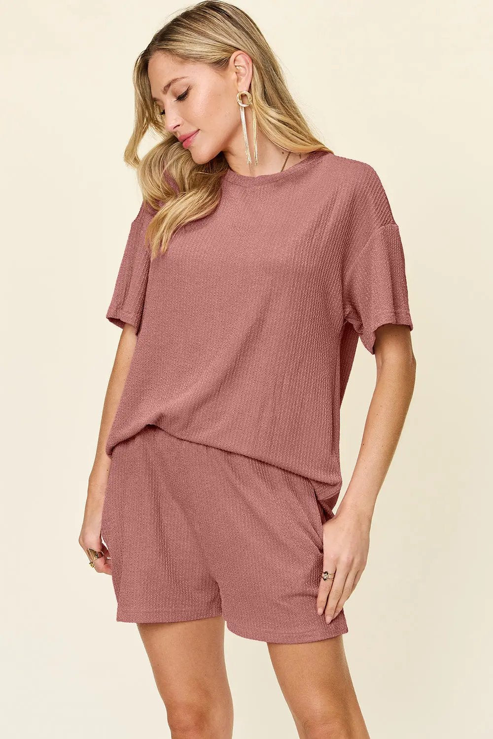 Double Take Full Size Round Neck Short Sleeve T-Shirt and Shorts Set - Love Salve