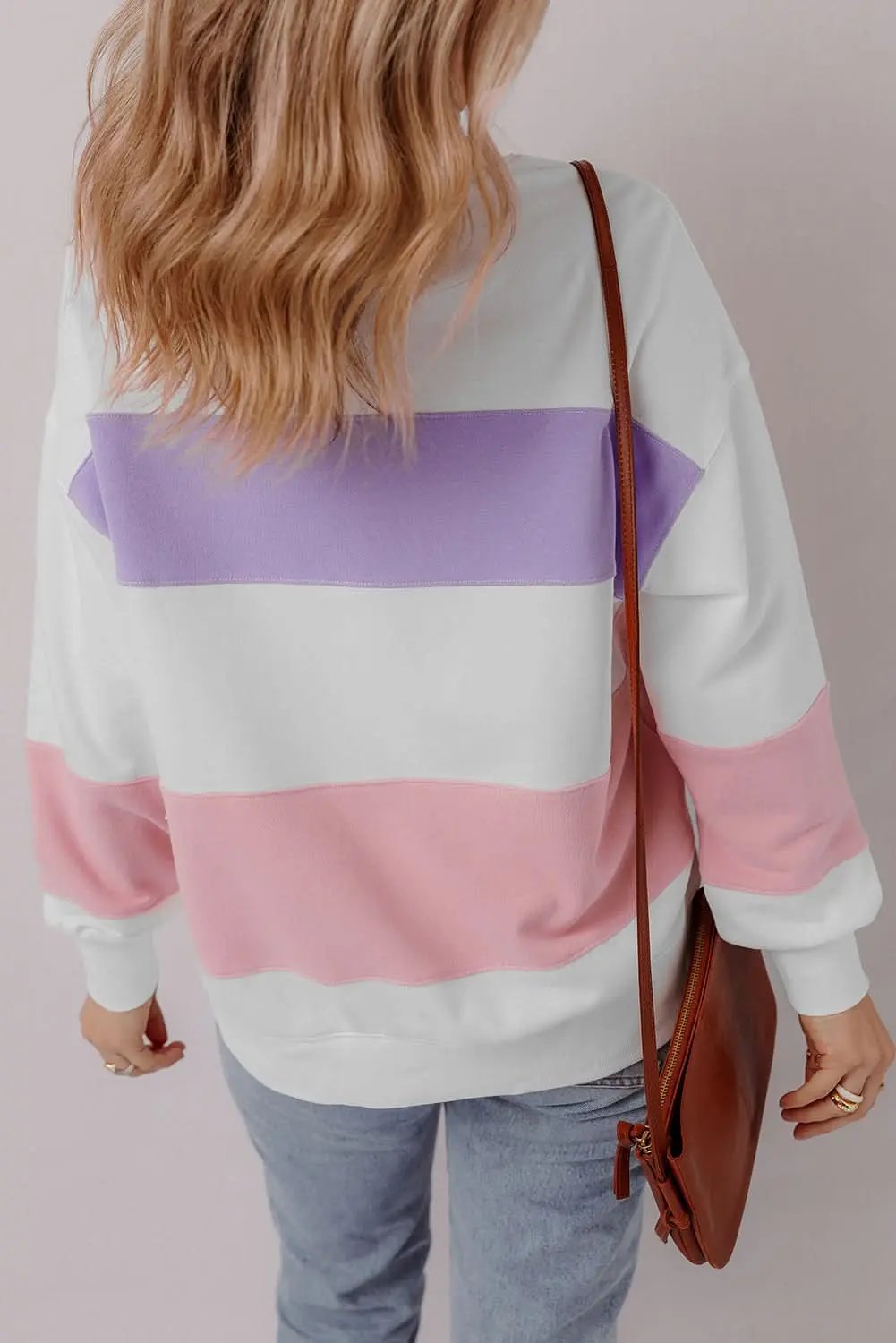 Beige Colorblock Patchwork Drop Shoulder Crewneck Sweatshirt - Love Salve 