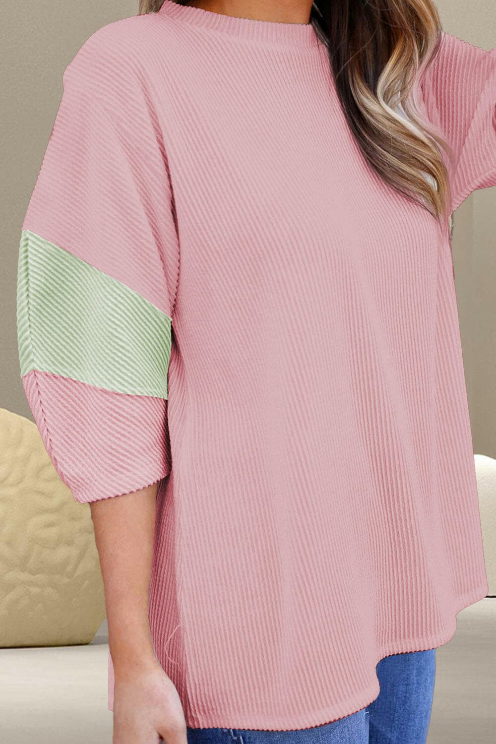 Color Block Round Neck Three-Quarter Sleeve Blouse.