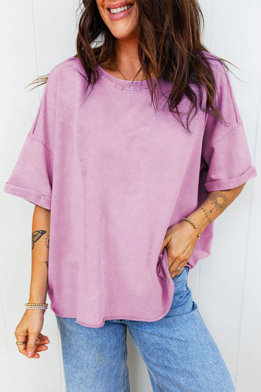 Lavendula Mineral Wash Drop Shoulder Loose Tee With Raw Edge Dear-Lover Dropshipping