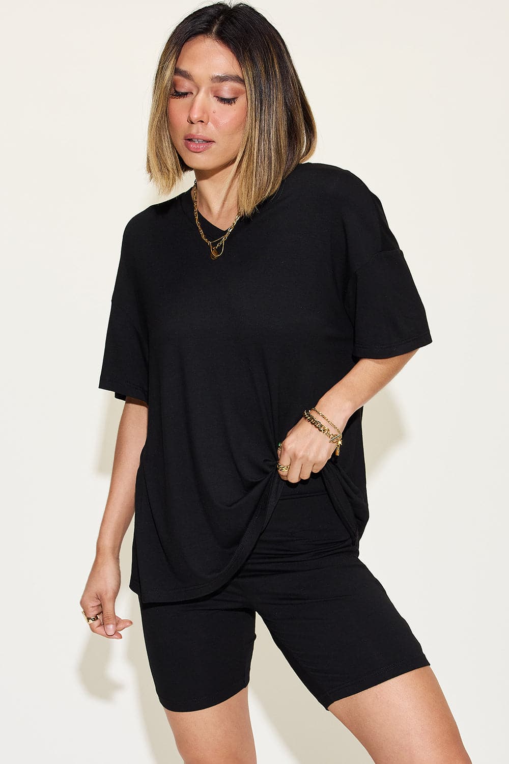 Basic Bae Full Size V-Neck Drop Shoulder T-Shirt and Shorts Set.