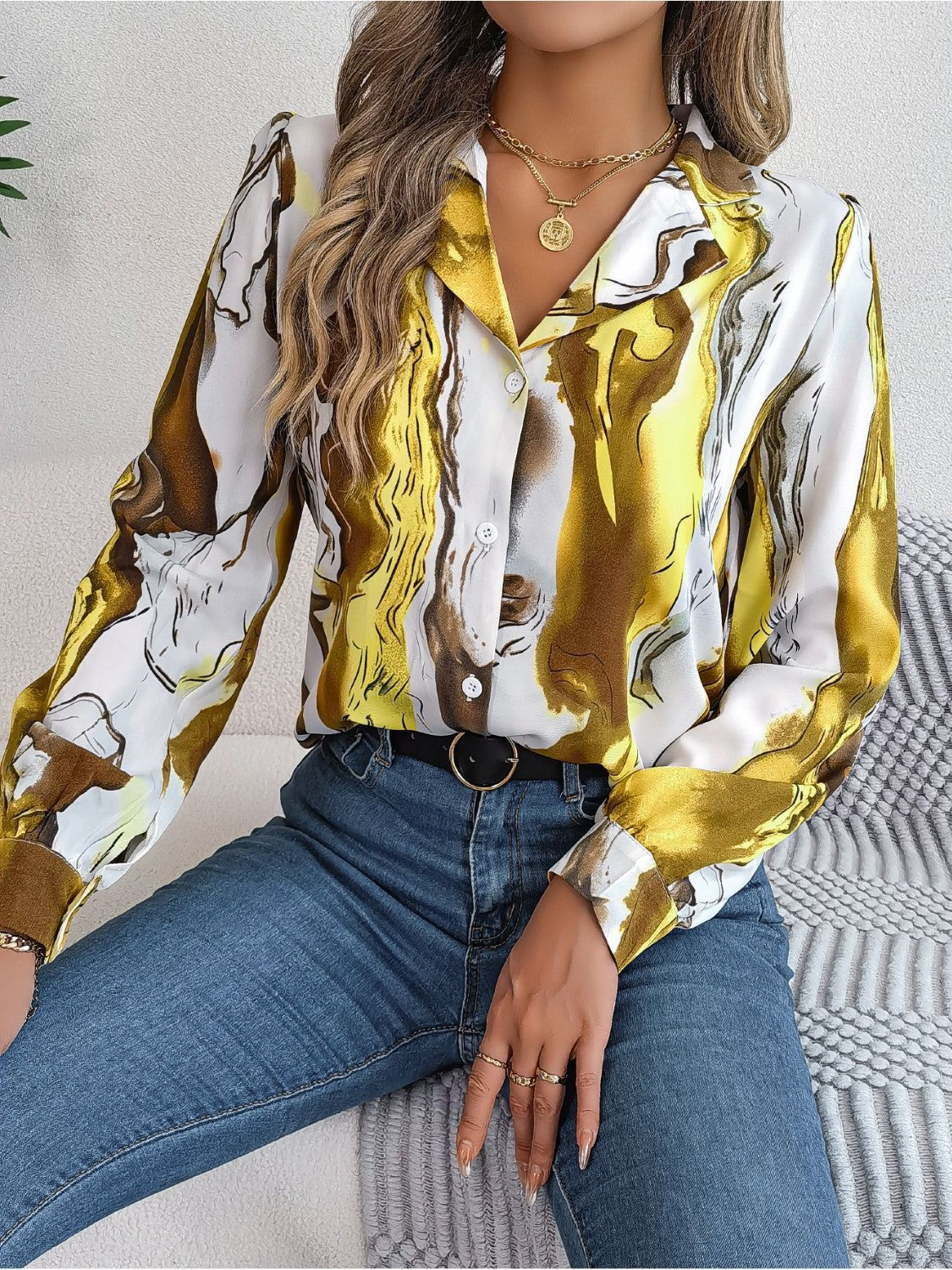 Printed Button Up Long Sleeve Shirt Coco’s Tee Boutique