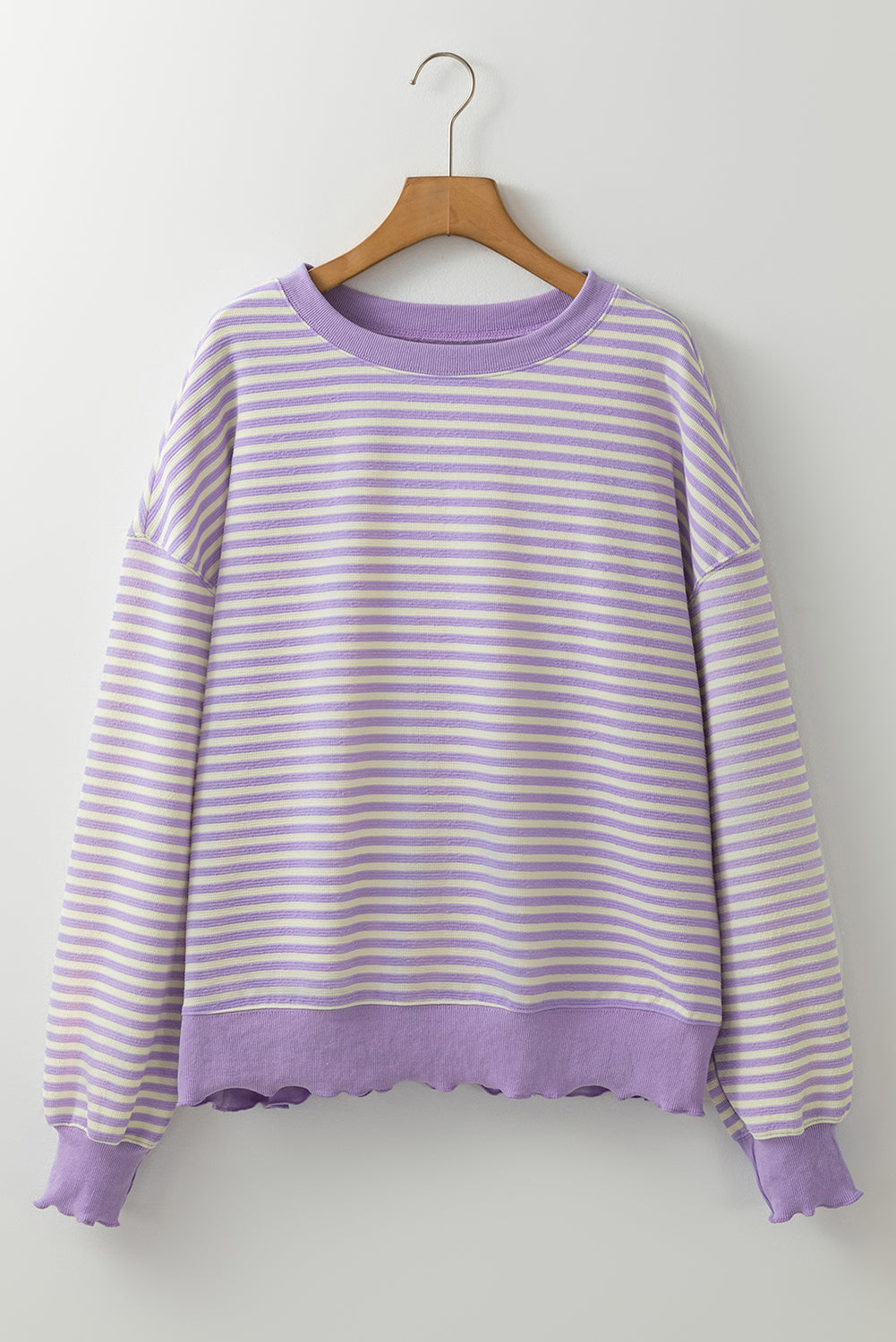 Purple Stripe Loose Drop Shoulder Long Sleeve Top on hanger