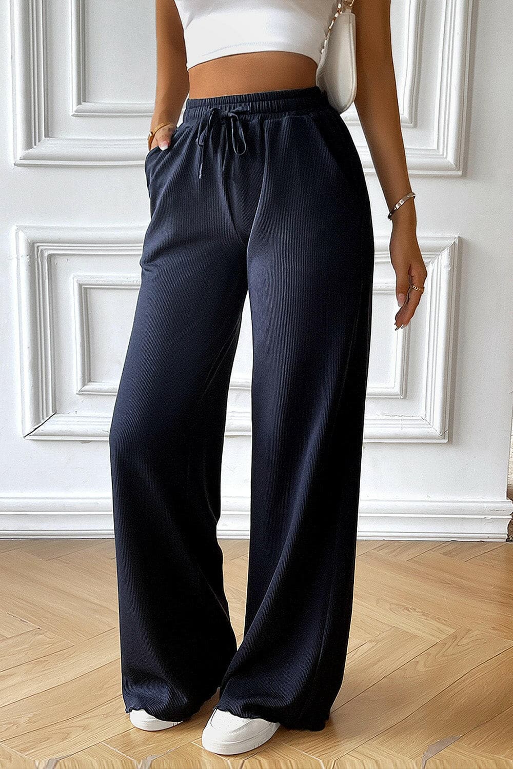 Drawstring Wide Leg Pants with Pocketed.