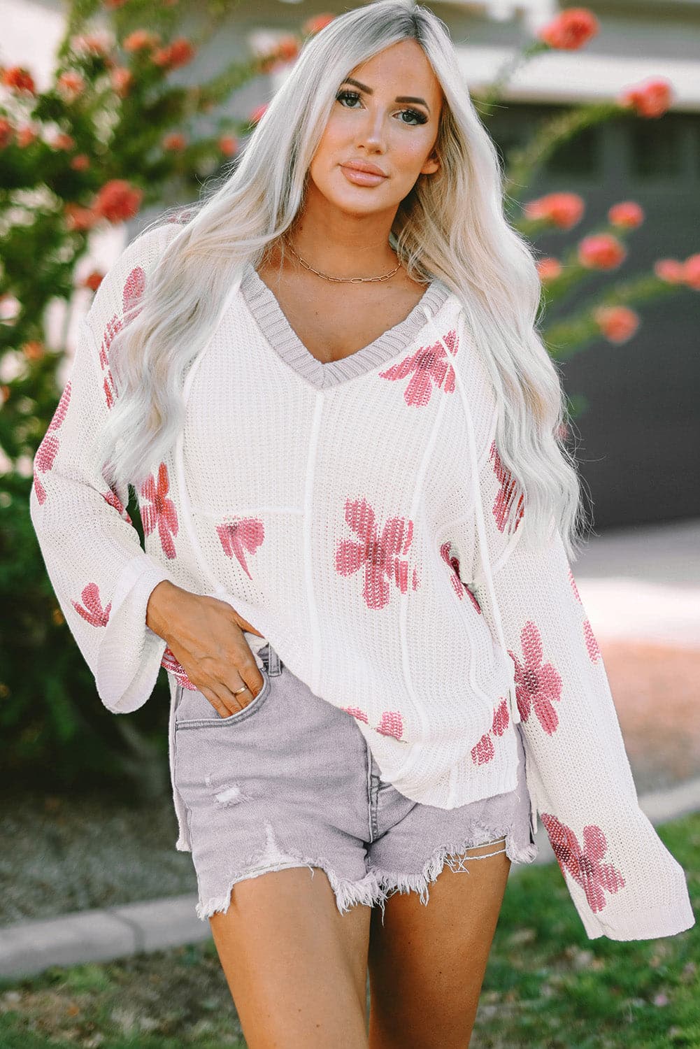 Flower Dropped Shoulder Hooded Sweater.