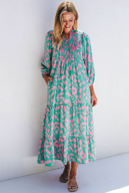 Floral smocked tie neck long sleeve dress